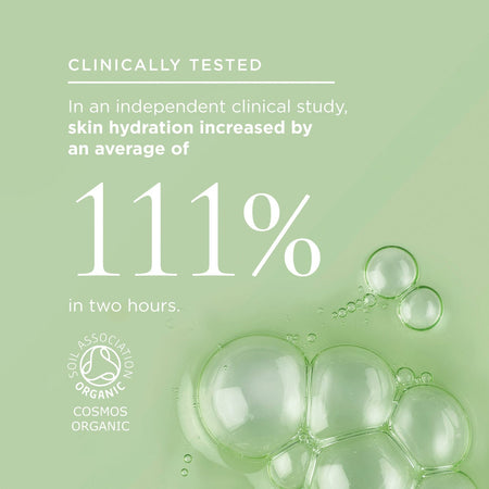 rainforest dew texture and stat: Clinically Tested, In an independent clinical study, skin hydration increased by an average of 111% in two hours. Features the Soil Association Organic COSMOS logo.